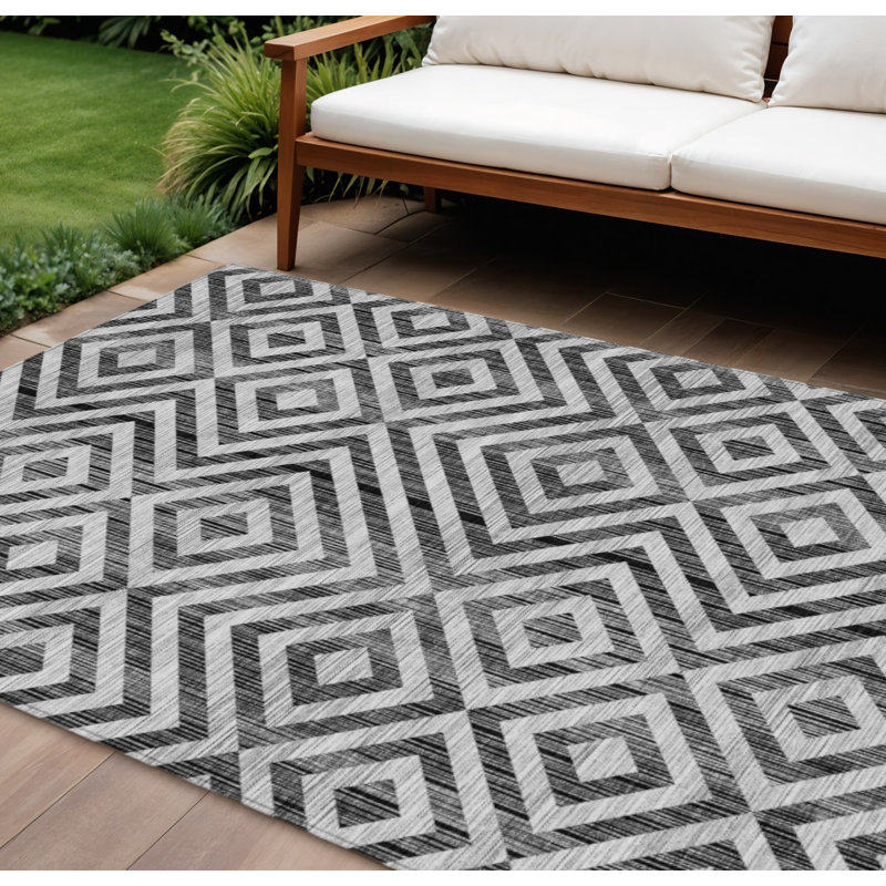 Tapis intérieur / extérieur 10 pi x 14 pi noir et gris lavable à motif géométrique