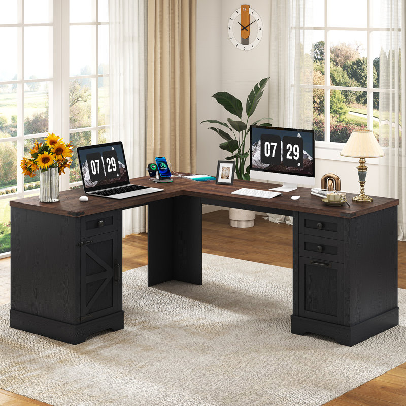 Rustic Corner Executive Desk with Storage Cabinet & Charging Ports, Farmhouse L-Shaped Computer Desk with File Drawers for Home Office