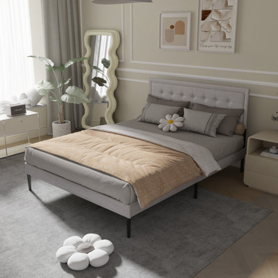 Queen Size Iron Platform Bed Frame With Wooden Slats & Upholstered Headboard Elegant Playhouse Style