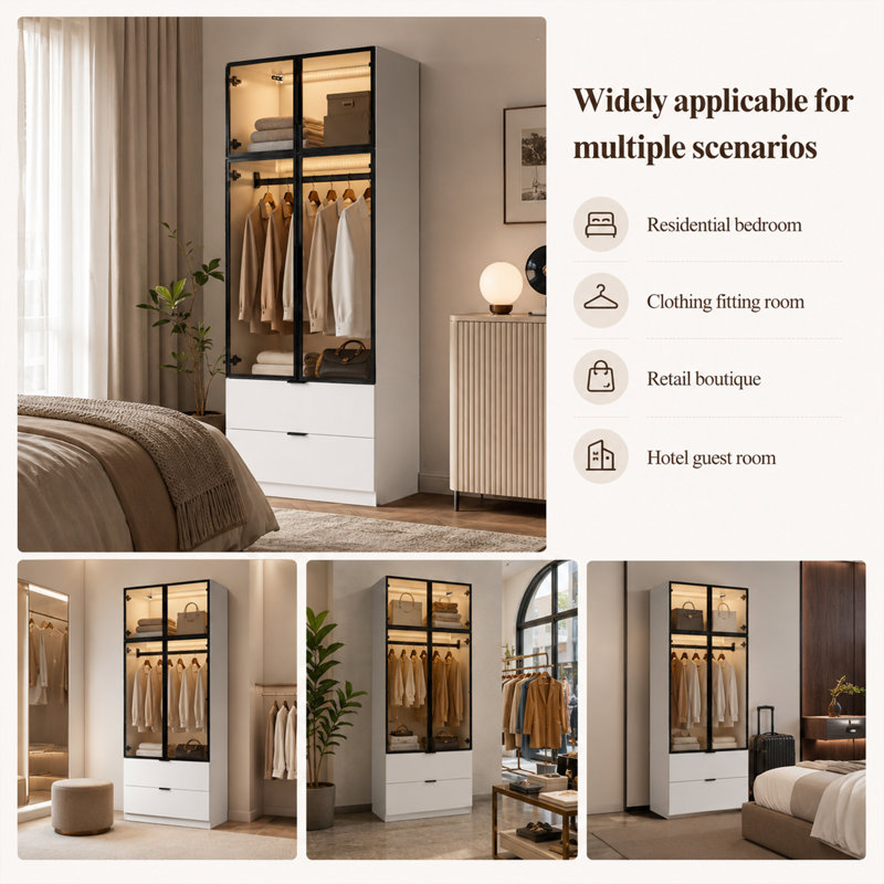 220cm High Gloss Wardrobe with LED & Grey Glass Doors - White, 90cm Wide, 2 Drawers