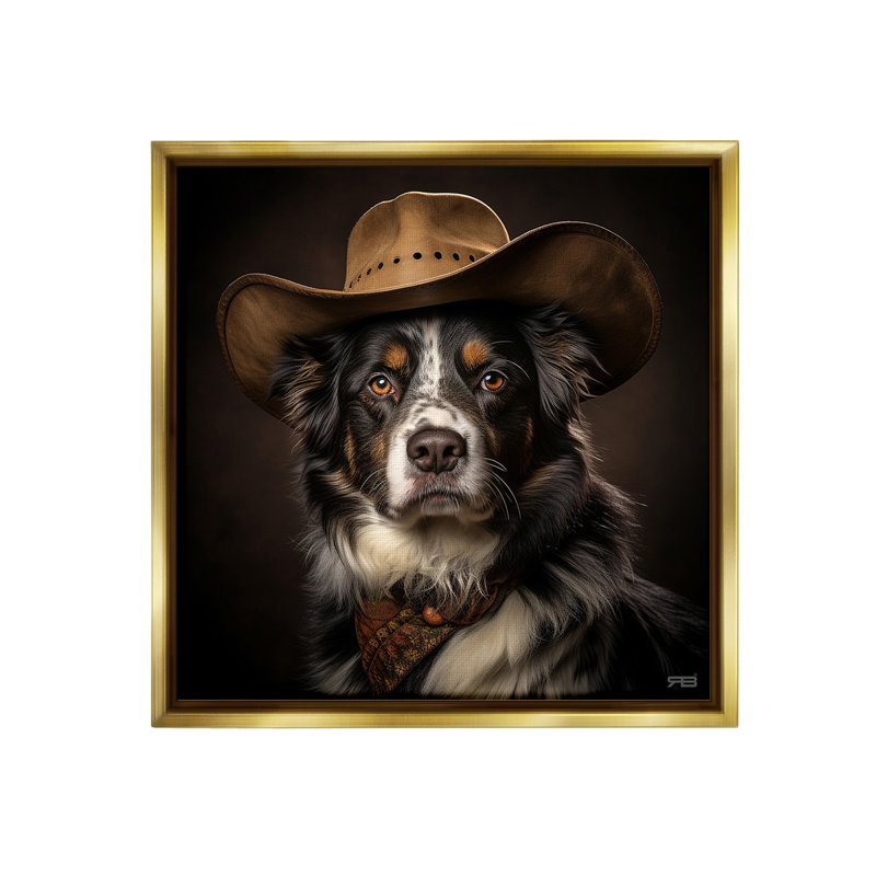 "Cowboy Sheriff Dog" par RB sur toile, H 18 po x l 18 po, Cadre flottant métallique doré