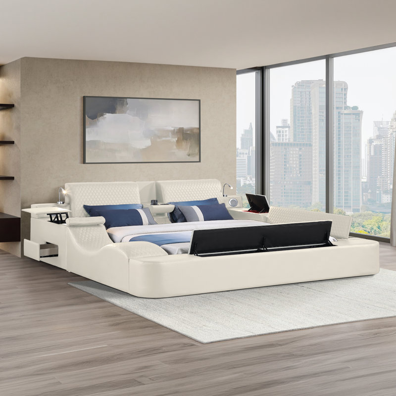 Ziora Smart Multi-Functional Bed with Massager, Bluetooth Speakers, and Reading Lights, King, Beige