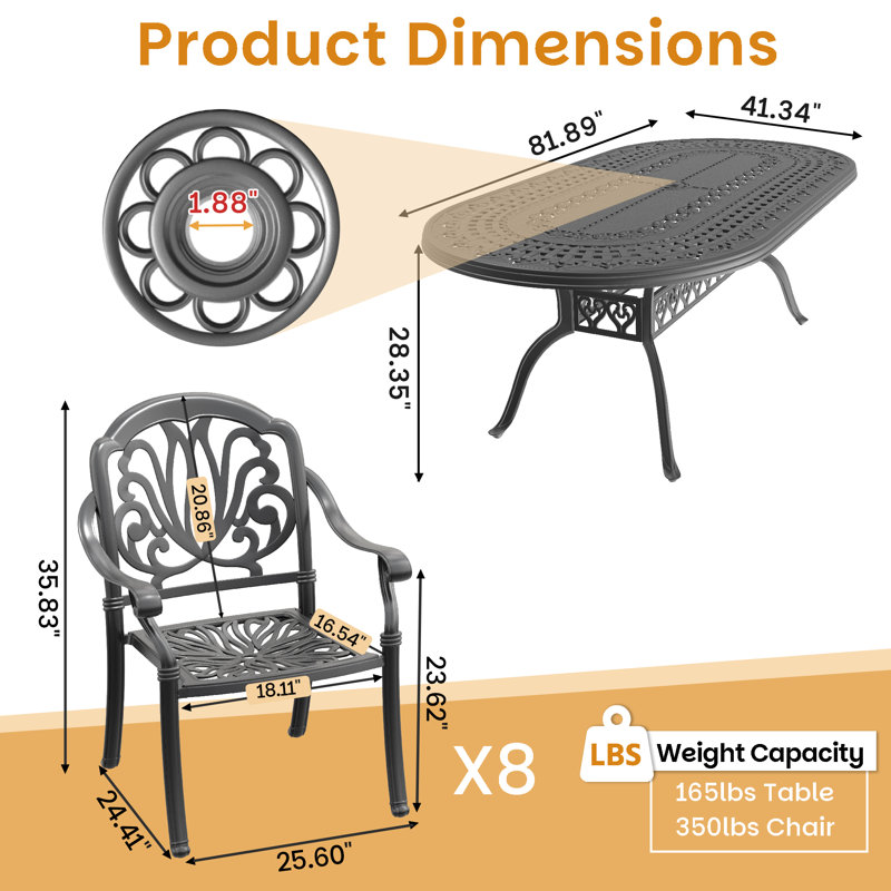 Ensemble de salle à manger d'extérieur ovale 8 personnes (81,89 po L) avec trou pour parasol, 8 chaises empilables, coussins bruns