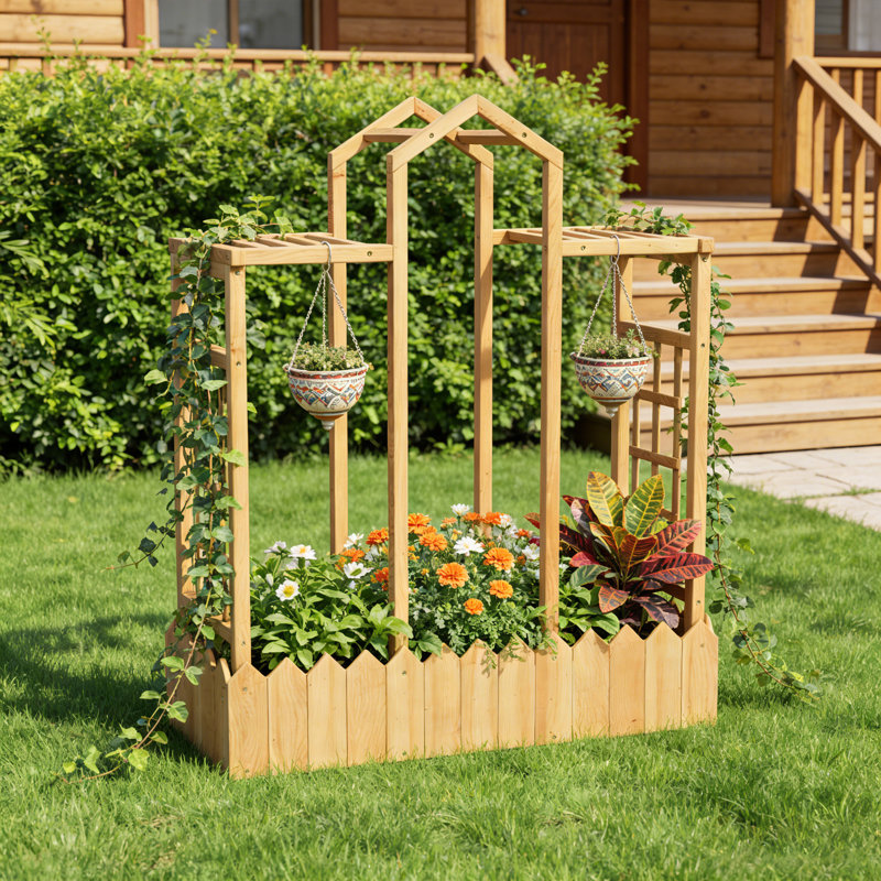 Wooden Planter Box Garden Bed With Trellis,open Base Design,natural