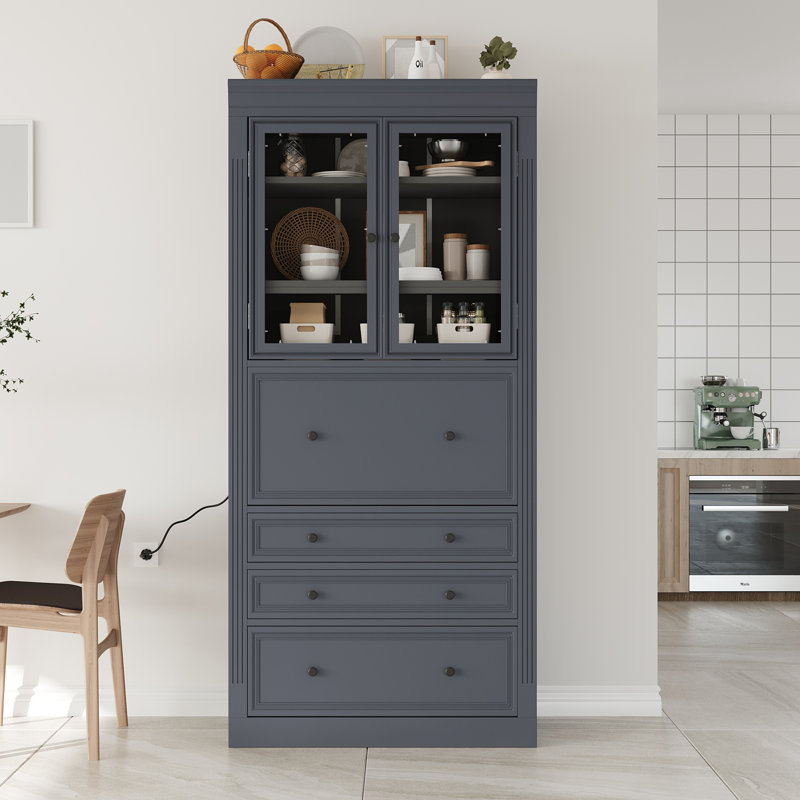 Garde-manger élégant de style shaker Eltera de 78 pouces avec portes en verre et surface rabattable, Gris