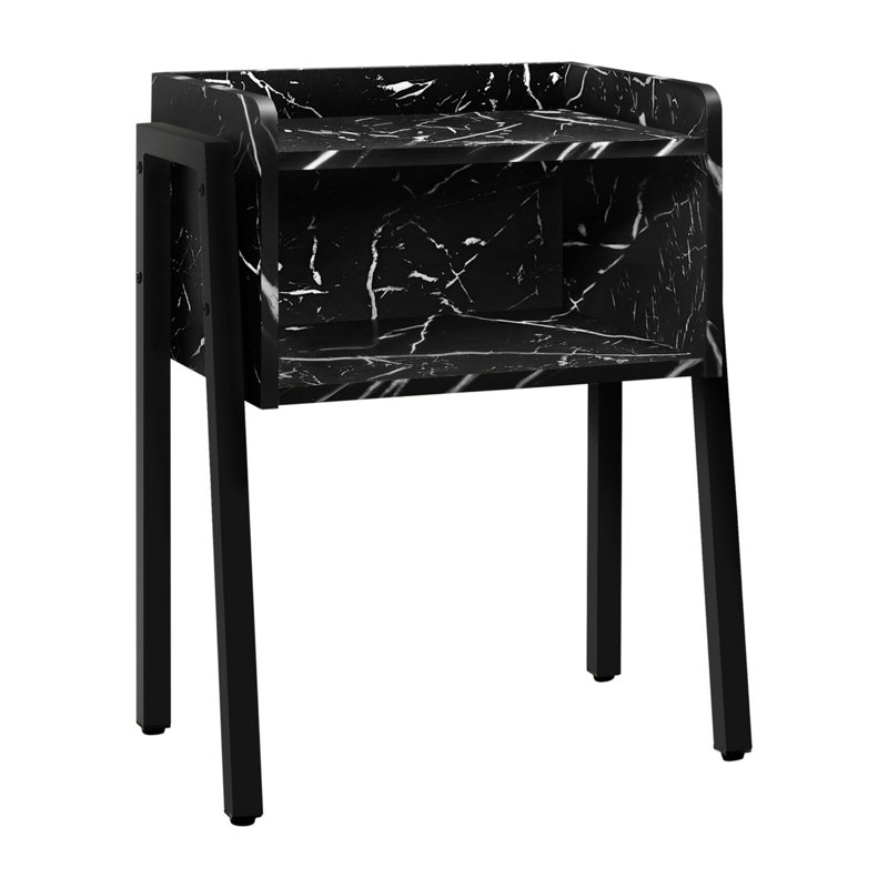 Table d'appoint, côté, bout, table de chevet, lampe, salon, chambre à coucher, stratifié aspect marbre noir, métal noir, contemporain, moderne