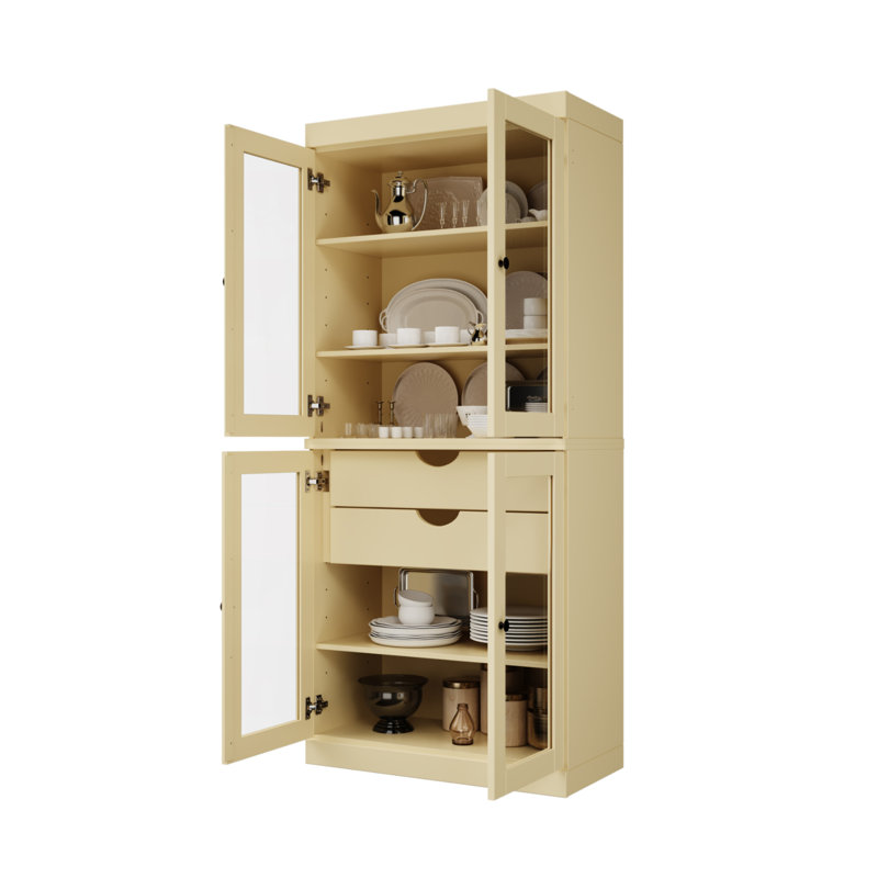 Garde-manger 100% bois massif Kaniesha 32 po avec portes en verre transparent, 2 tiroirs et tablettes réglables, Jaune