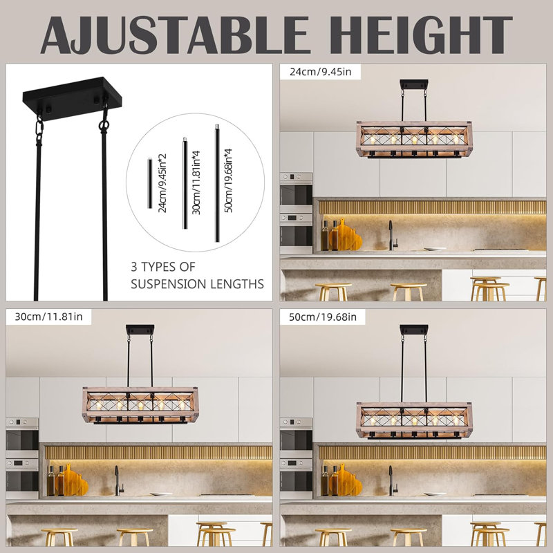 Farmhouse Chandelier Pendant Light, 5-Light Adjustable Height Wooden Black Ceiling Fixture For Kitchen Island, Dining Room, Pool Table, Rustic Modern Lighting