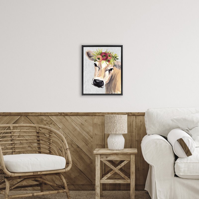 Vache Jersey avec cadre flottant couronne florale, design par Michele Norman, Cadre flottant noir de jais, H 21 po x l 17 po