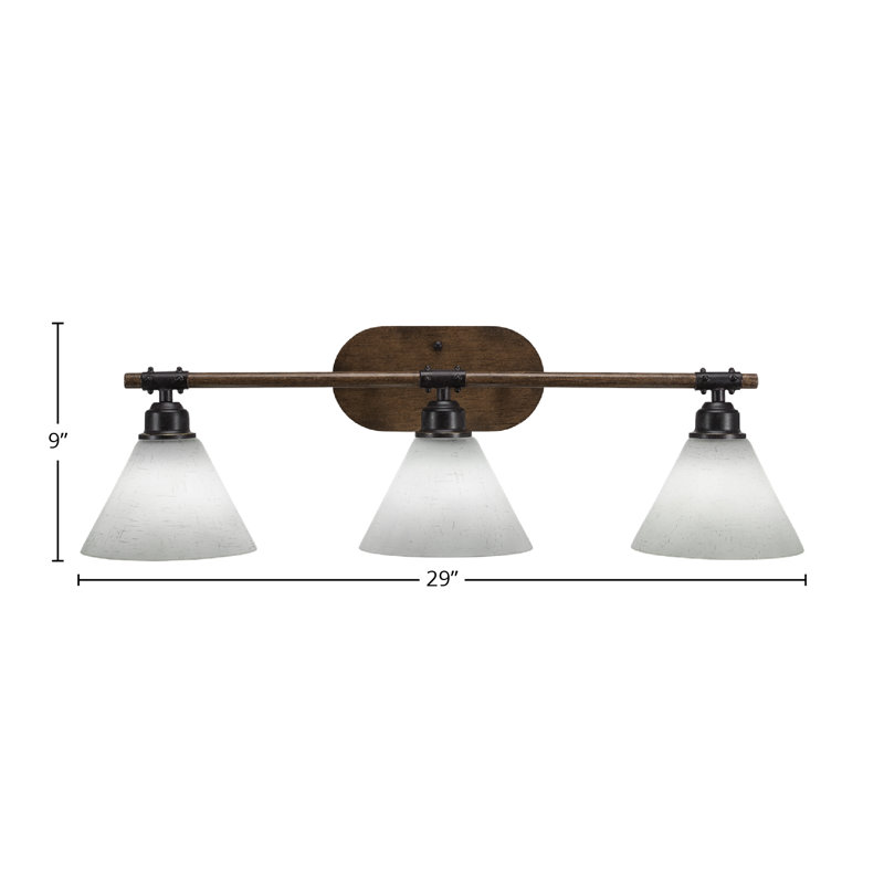 Blacksmith 3 Light Bath Bar Shown In Painted Wood-look Metal & Dark Granite Finish With 7" White Muslin Glass, White Muslin