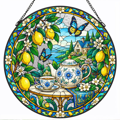 Théière florale bleue en vitrail avec branches de citron et art mural sur toile