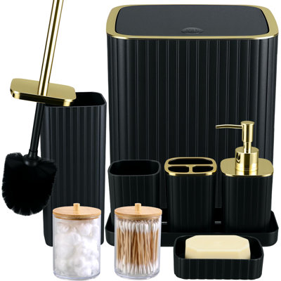 9PC Set Black and Gold Bathroom Accessories Set with Trash Can, Toilet Brush,Soap Dispenser, Q-Tip Holder | Modern Home Bath Essentials (Black and Gold)