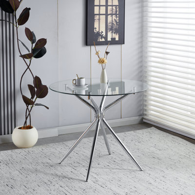 Dining Table With Chrome Metal Leg And Tempered Glass, Modern Space Saving Kitchen Table For Living Room - Chrome Color Metal Legs