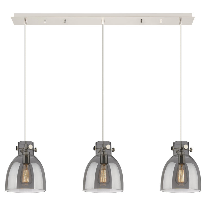 Luminaire suspendu en forme de cloche à 3 lumières Amrith, Gris fumée clair, Nickel poli