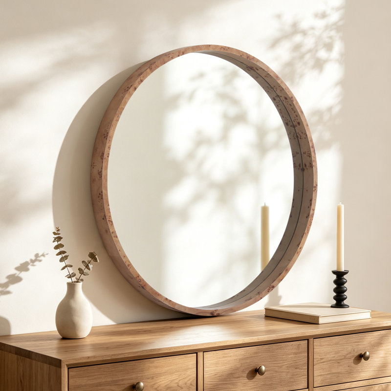 Miroir mural rond à cadre en bois - cadre épais de 2,5 pouces, 32" x 32", Burlwood