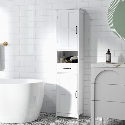 Armoire de rangement pour salle de bain Slim Tall - Lin avec tablette ouverte, tiroir, portes encastrées et tablettes réglables, blanc