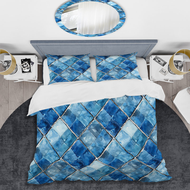 Blue Modern Rhombus III - Ensemble de housse de couette moderne, Housse de couette simple et deux taies décorative