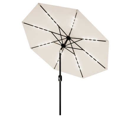 Parasol solaire solaire avec lumières, parasol de table d'extérieur avec mécanisme d'inclinaison et de manivelle pour terrasse de jardin