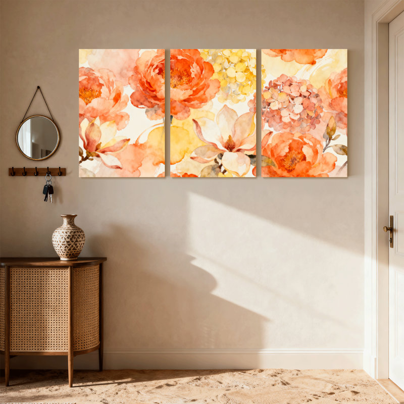 Plantes et fleurs, aquarelle florale, orange, rose, jaune, ensemble de 3 impressions sur toile, H 24 po x l 48 po