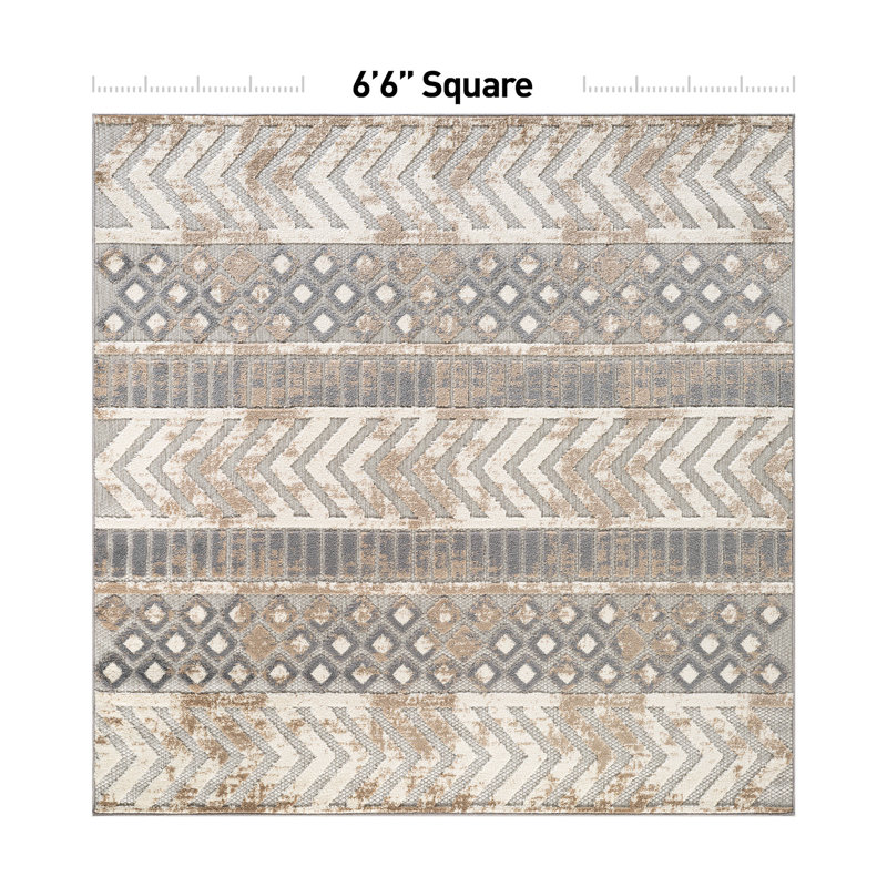 Tapis intérieur / extérieur gris / ivoire / beige Alphee, Carré 6 pi 7 po