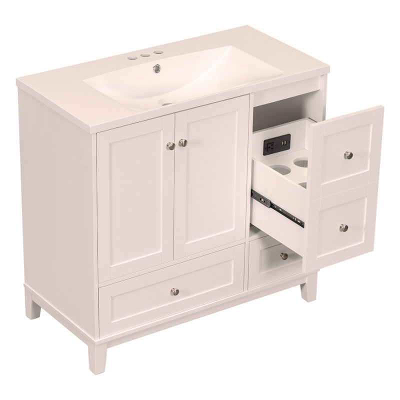 Meuble-lavabo moderne 36 po avec chargement USB, deux portes et trois tiroirs avec rangement, Blanc