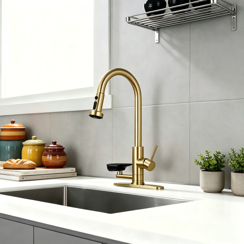 3-In-1 Kitchen Faucet With Press-Type Glass Rinser, Universal For 1 & 3-Hole Installation, High-Arc Pull-Down Sprayer With 3 Spray Modes, Brushed Gold Finish