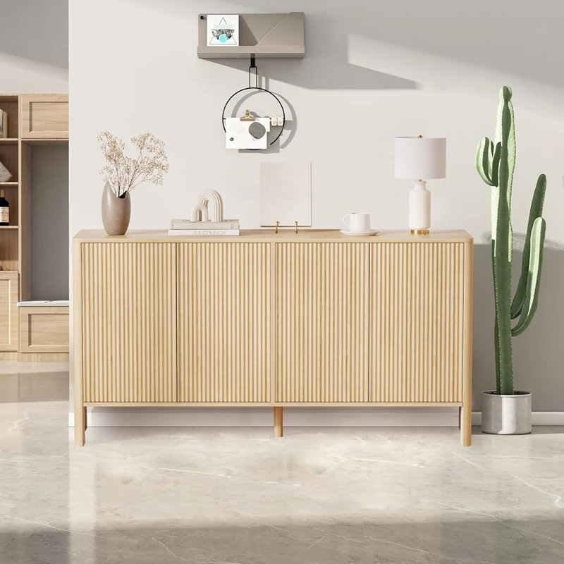 Buffet 58 po à lattes cannelées avec rangement, crédence décorative moderne avec 4 portes cannelées et tablettes réglables, armoire-buffet en bois pour le salon, la salle à manger, le couloir