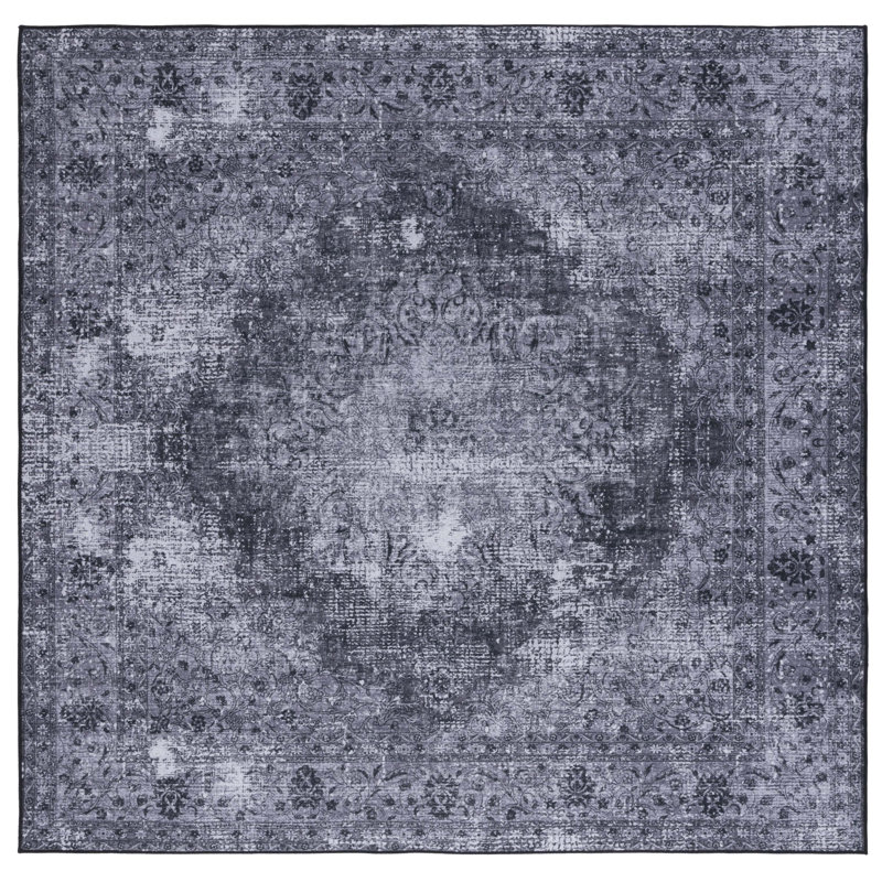 Tucson Vintage Look Machine Washable Non-Slip Area Rug in Black & Grey, Square 183 cm