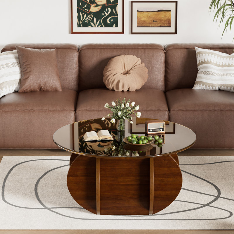 Table basse ronde en bois avec plateau en verre trempé et l 27,5 po