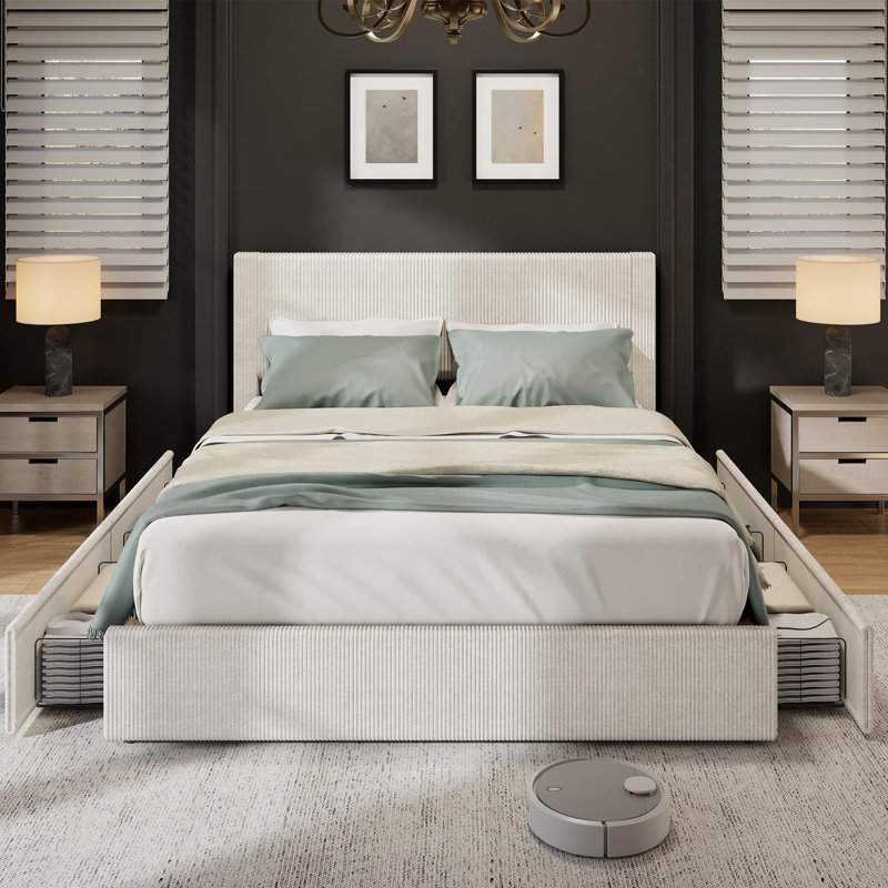 Structure de lit, structure de lit plateforme pleine grandeur avec 4 tiroirs de rangement, tête de lit tapissier en velours côtelé avec support de lattes en bois robuste, aucun sommier tapissier requis, beige