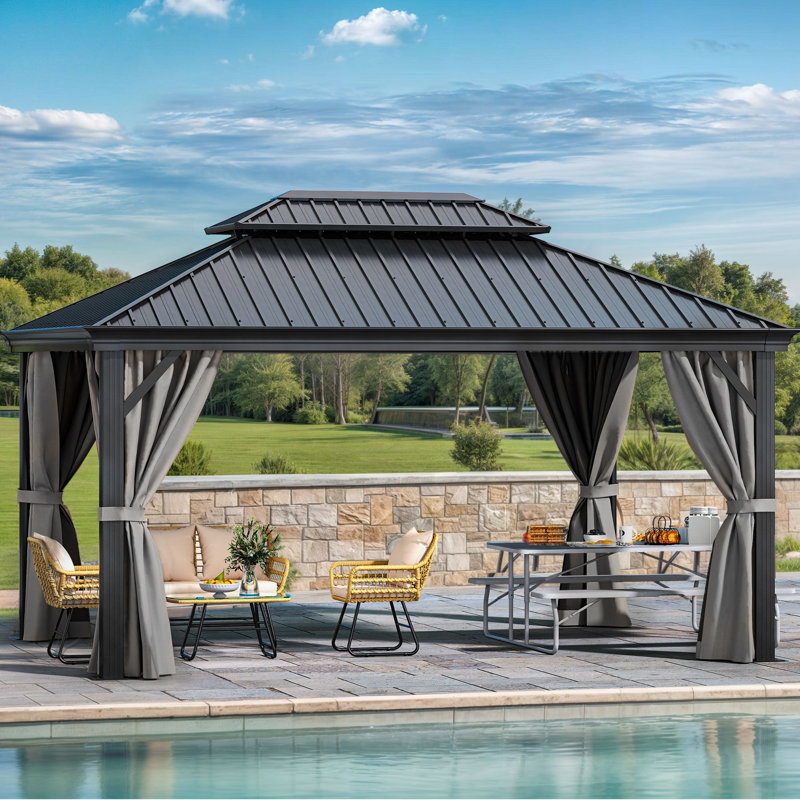 16ft. W x 12ft. D Extra Large Outdoor Gazebo, Double Roof Design Canopy, Elegant Backyard Pavilion with Inner Mesh and Polyester Curtains, Suitable for All Seasons
