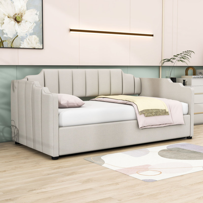 Lit de jour rembourré avec rangement Cathriona, Lit simple, Beige
