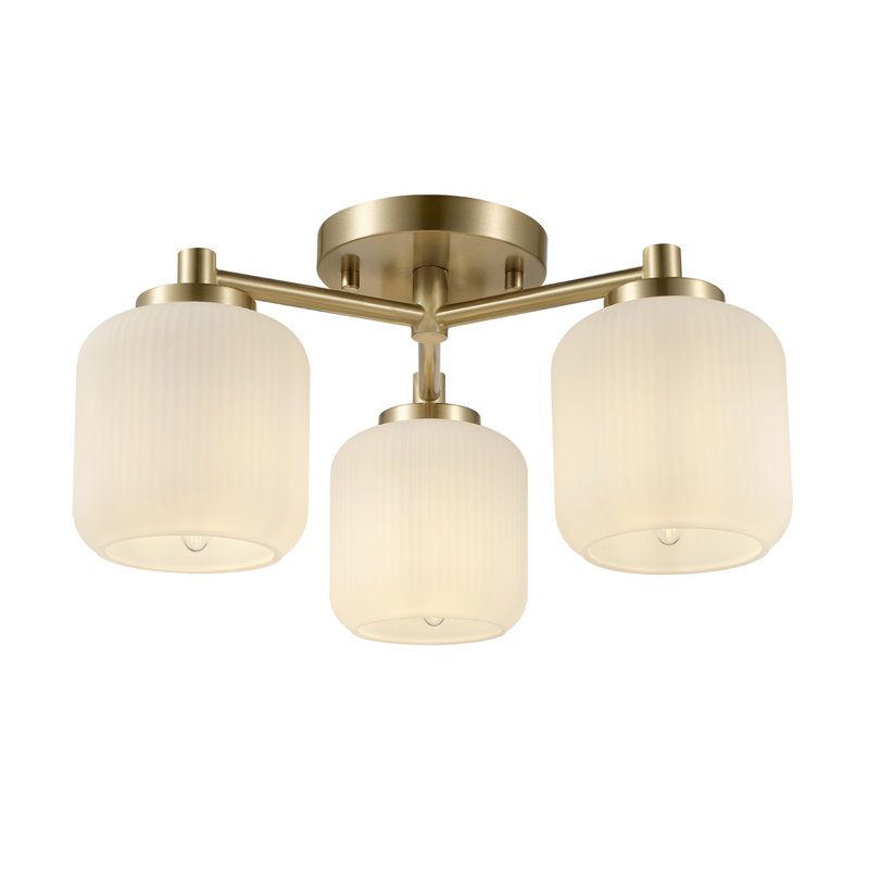 3-Light Brass Flush Mount Ceiling Light with Frosted Ribbed Glass Shades