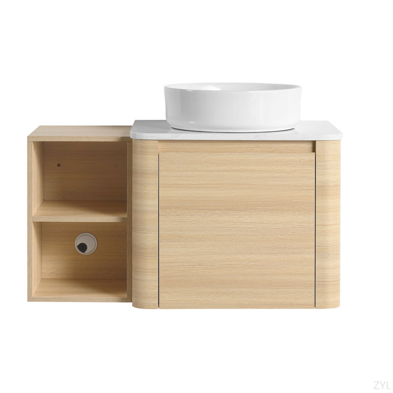 Meuble-lavabo mural avec lavabo d'art en céramique et porte à fermeture en douceur, emballage KD, contreplaqué, Blanc