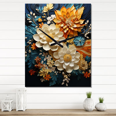 Orange Teal Botanical Whirlwind II - Abstract Wall Clocks
