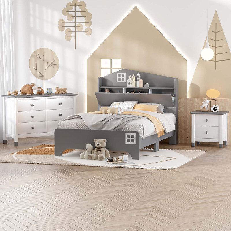 Ensemble de chambre à coucher 3 pièces avec lit tête de lit, table de chevet en bois et commode de rangement, Gris