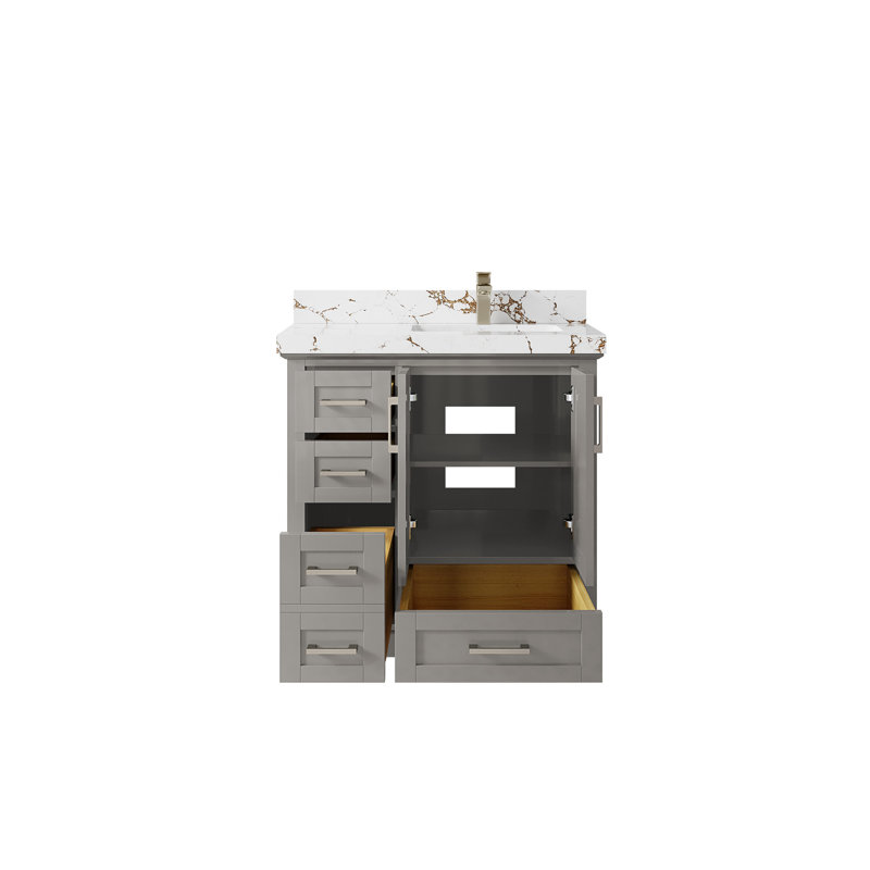 Boston 36 In. W X 22 In. D Right Offset Sink Bathroom Vanity In Elephant Skin Gray With 2 In. Viola Brown Quartz