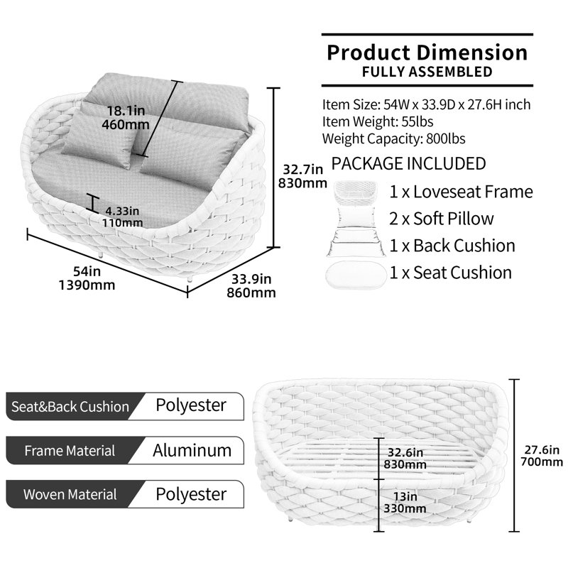 Outdoor Patio Hand-Woven Rope Powder-Coated Aluminum Loveseat Sofa With Cushions, Gray, Dark Gray