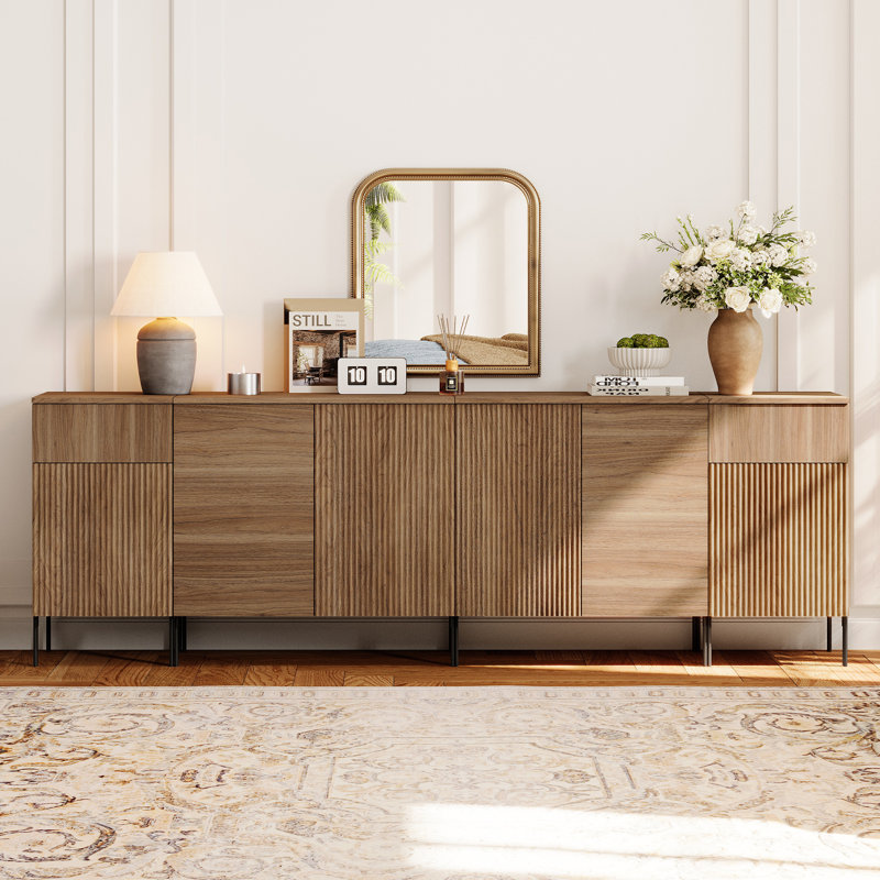 94.5" Modern Wood Reeded Drawer Dresser With Doors, Minimalist Dresser Organizer Storage Cabinet With Charging Station For Bedroom,Living Room, Entryway
