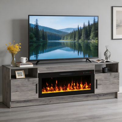 80" Modern Fireplace TV Stand for TVs up to 90", Entertainment Center with 42" Electric Fireplace, 20-Color LED Lights and Glossy Doors