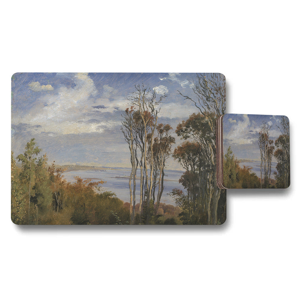 Scenic Landscape Placemat And Coaster Set With Lake View Artwork