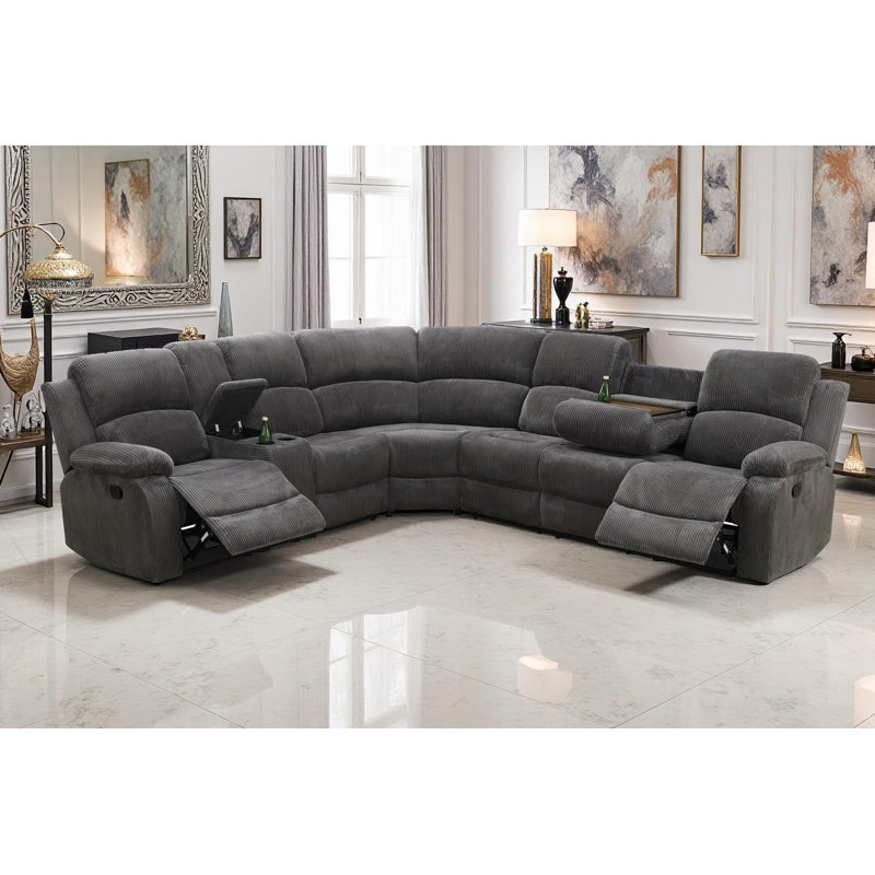 Corduroy Stripe Fabric Recliner Sectional Sofa, Gray