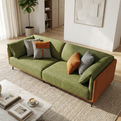 Modern 3-Seater Sofa With 25.1" Deep Seat, Olive Green Upholstery & Orange Bouclé Arms, Black Metal Legs