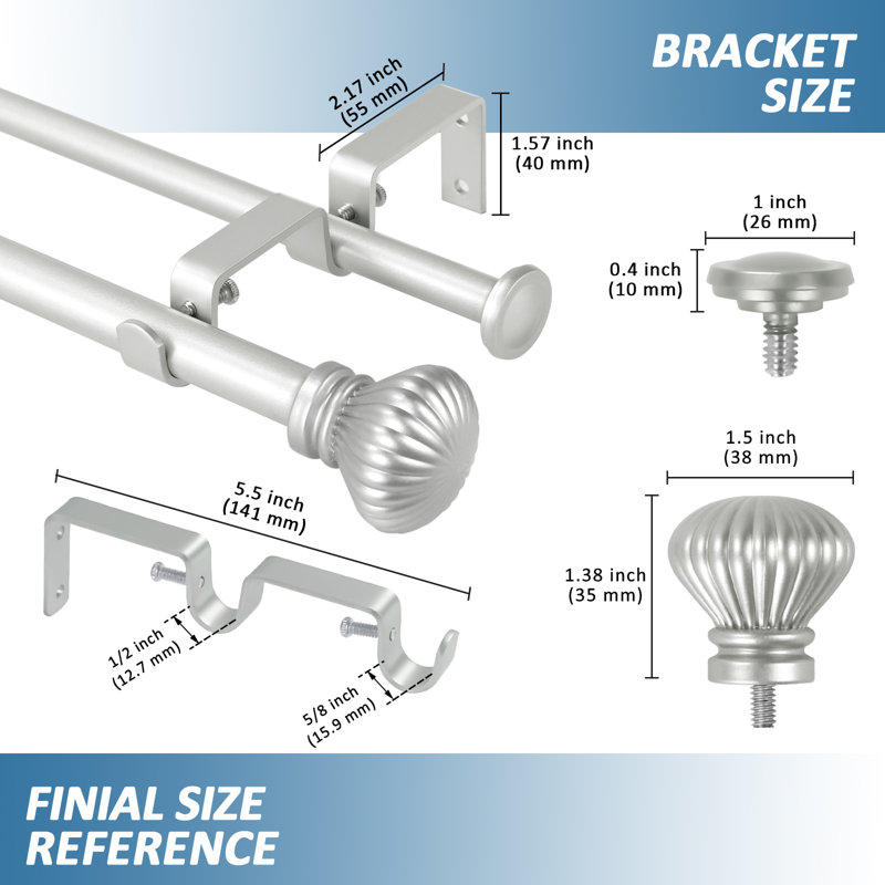 Tringle à rideaux double ajustable Sigmund, H 0,625 po x l 48 po x P 0,625 po, Étain