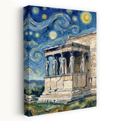 Caryatids Under Starry Sky Classic Colorful Dramatic Architecture Landscape Wall Art Print 1 Piece Wrapped Canvas Wall Art