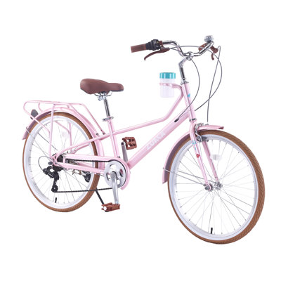 24-Inch Women's Step-Through Cruiser Bike with 6-Speed Shifting, Rear Rack, and Cup Holder - Pink Steel Frame City Bicycle