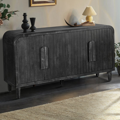 59'' Farmhouse Curved Vintage Storage  Sideboard With  Large Wooden Handles, Vertical Wood Grain Carving And Adjustable Shelves