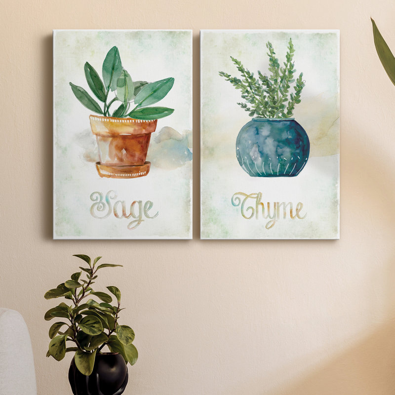 Sauge en pot - ensemble de 2 peintures sur toiles, H 27 po x l 36 po x P 1 po, Toile tendue