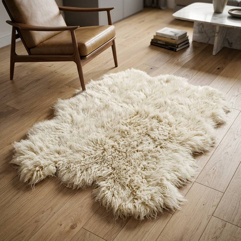 Stylish Sheepskin Shape Flokati Rug. organic wool pile. Shaggy Wool Area Rug, 5' x 7'