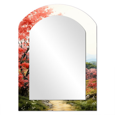 Blossoming Red Autumn Tree Countryside Road - Countryside Asymmetrical Decorative Wall Mirror, Green Arch Large Mirror, Printed Metal Art